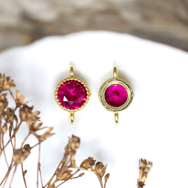 Gold Plated Flat Round 11x7mm Hot Pink CZ Link