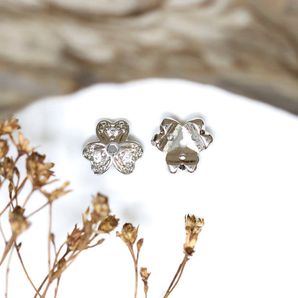 Silver Plated Micro Pave 8mm 3 Petal Flower Bead Cap