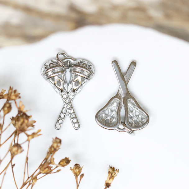 Silver Plated Micro Pave 14x19mm Lacrosse Sticks Charm