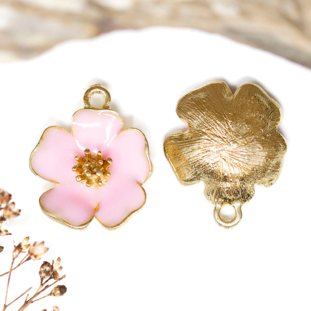 Gold Plated Enamel 19mm Pink Hibiscus Flower Charm
