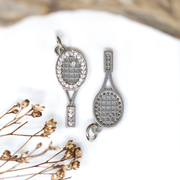 Silver Plated Micro Pave Tennis Racket Charm