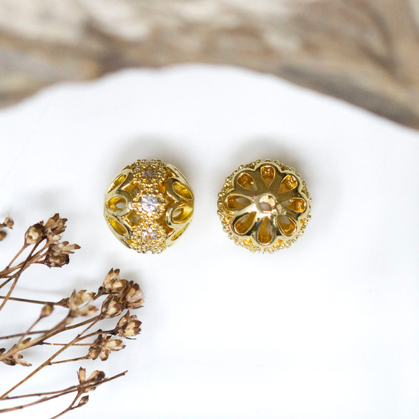 Gold Plated Micro Pave 10mm Round Flower Bead
