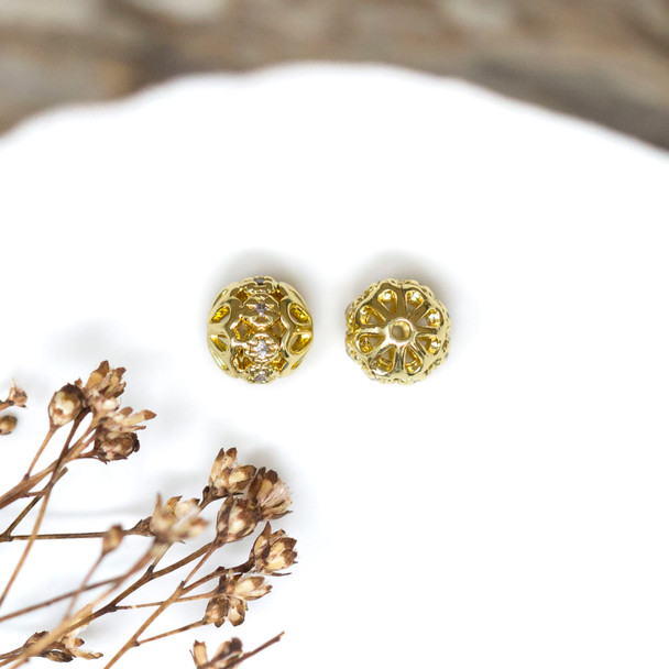 Gold Plated Micro Pave 6mm Round Flower Bead