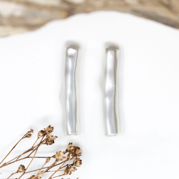 Silver Plated Matte 27.5x5mm Irregular Tube Bead