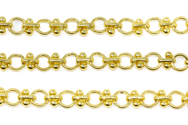 18K Gold Plated 7mm Round & 2 Bead Link Chain - Sold By 6 inches