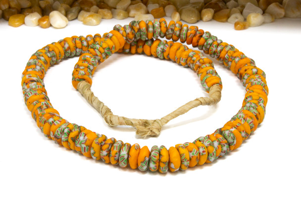 Recycled Fused Glass 12mm Rondelle - Orange / Green / White / Red