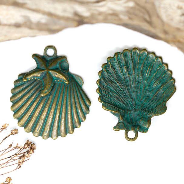 Green Patina Antique Brass Plated Alloy 41x36mm Clam Shell with Starfish Pendant