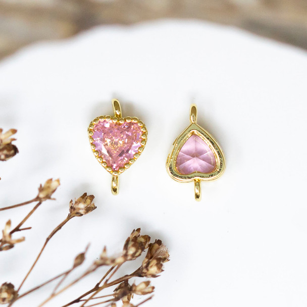 Gold Plated Micro Pave 7x12mm Pink Heart Link