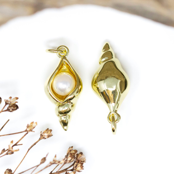 Gold Plated 21x10mm Spiral Shell Pearl Charm