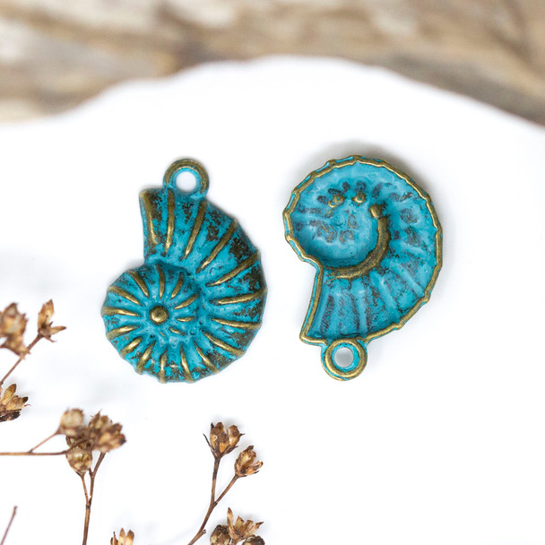 Teal Patina Antique Brass Plated Alloy 20x14mm Nautilus Shell Charm