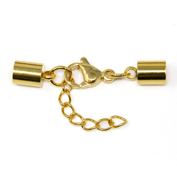 Gold Plated Stainless Steel 4mm Inner Cord Ends with Clasp and Extension Chain- 1 Set