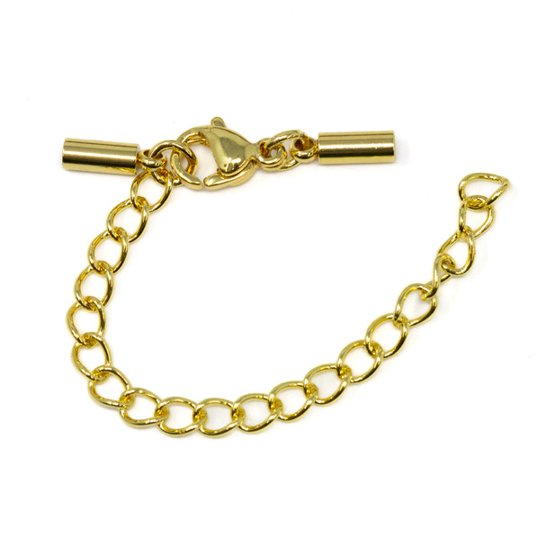 Gold Plated Stainless Steel 2mm Inner Cord Ends with Clasp and Extension Chain- 1 Set