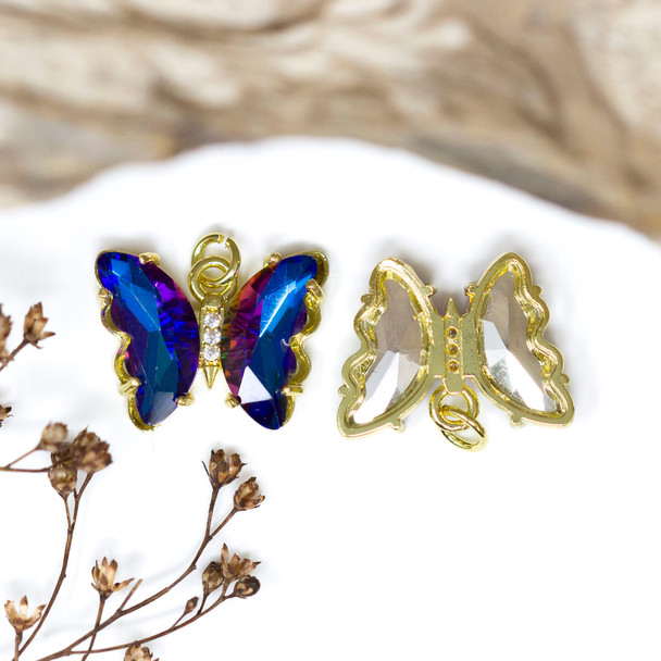 Gold Plated Micro Pave Glass 15x19mm Royal Blue AB Butterfly Charm