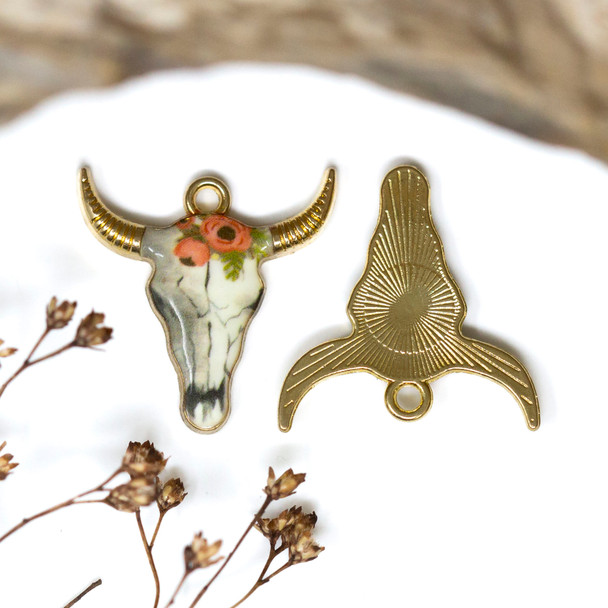 Gold Plated Enamel Alloy 22x21mm Pink Floral Bull Skull Charm