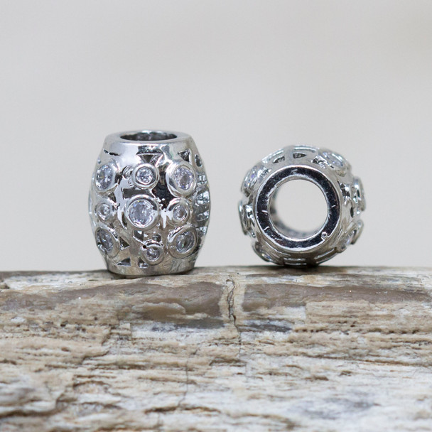 Platinum Plated Micro Pave 10x9.5mm Barrel Bead