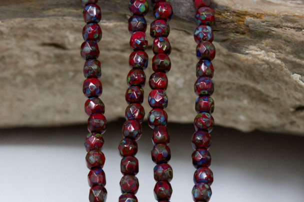 Fire Polish 3mm Faceted Round - Opaque Red Picasso