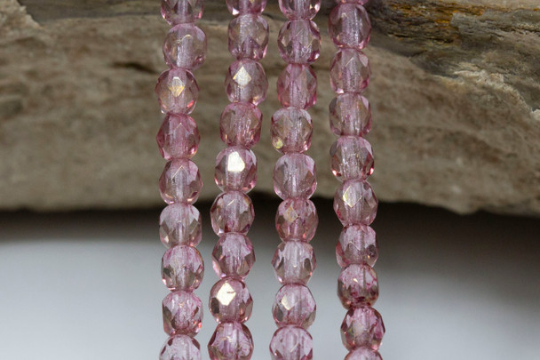 Fire Polish 4mm Faceted Round - Transparent Topaz Pink Luster