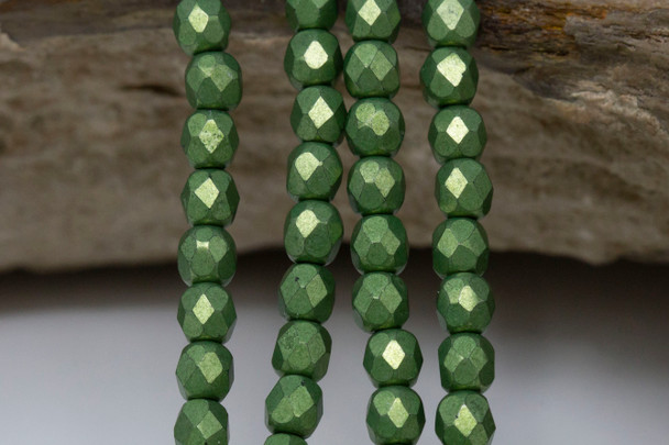 Fire Polish 4mm Faceted Round - Saturated Metallic Greenery