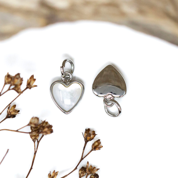 White Shell Polished Platinum Plated 9mm Heart Charm