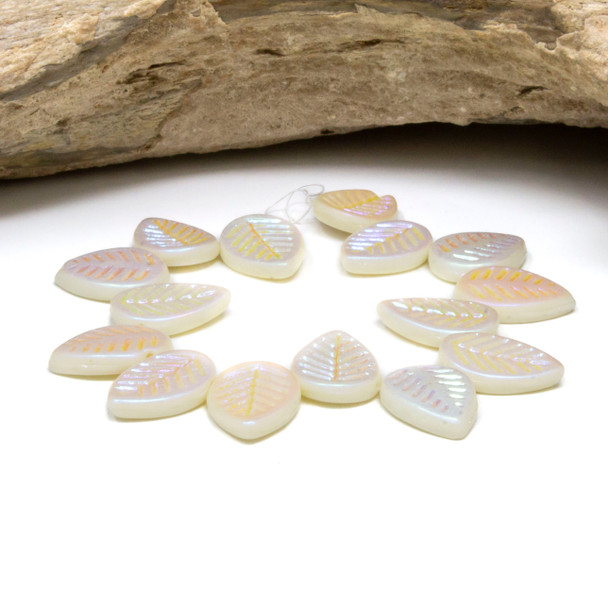 Czech Glass 12x16mm Dogwood Leaves - White with Matte AB Finish