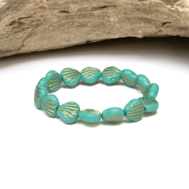 Czech Glass 9mm Small Shell - Sea Green with Gold Wash