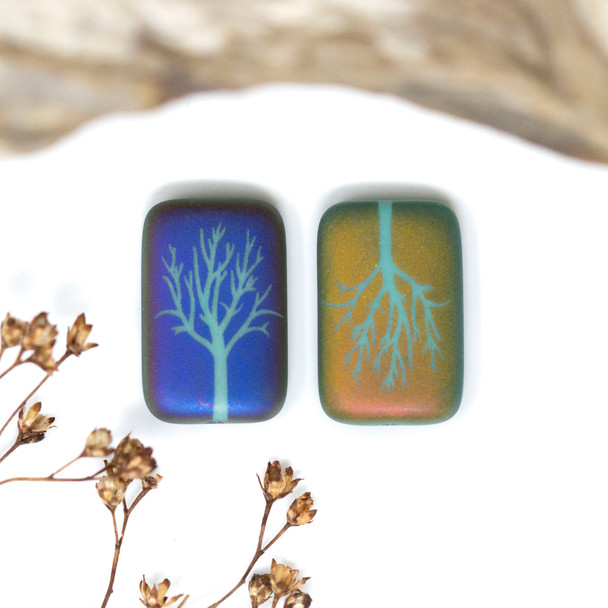 Czech Glass 19x12mm Laser Etched Rectangle Tree - Turquoise Opaque Matte Rainbow Finish