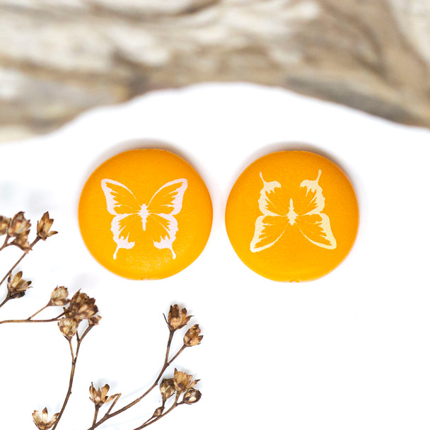 Czech Glass 17mm Laser Etched Butterfly Coin - Orange Opaque Matte Aurora Borealis
