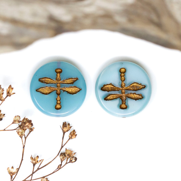 Czech Glass 18mm Dragonfly Coin - Aqua Blue Silk Dark Bronze Wash