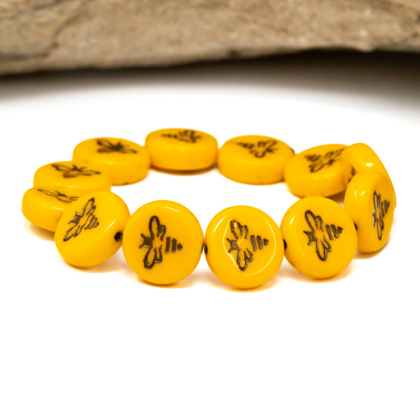 Czech Glass 12mm Bee Coin - Marigold Yellow Opaque with Bronze Wash