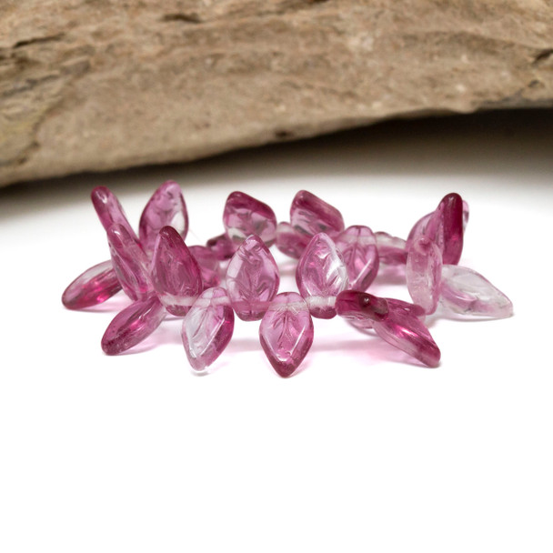 Czech Glass 10x6mm Small Leaves - Fuchsia Crystal Transparent Mix