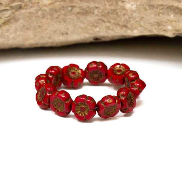 Czech Glass 7mm Hibiscus Flower Beads - Red Opaque Dark Bronze Wash