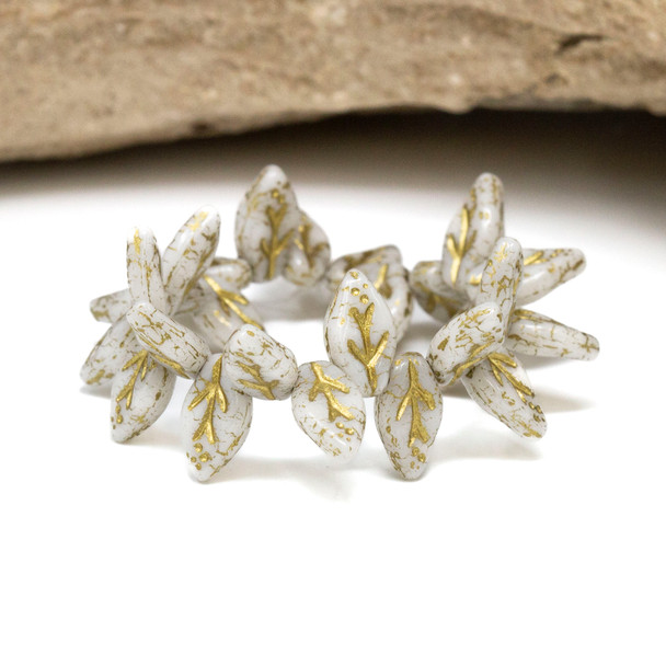 Czech Glass 10x6mm Small Leaf Beads - White Ivory Opaque Luster with Gold Wash