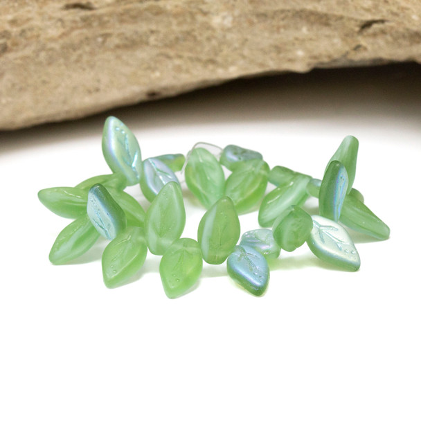 Czech Glass 10x6mm Small Leaf Beads - Tourmaline Green Transparent Blue Turquoise Opaque Mix Aurora Borealis