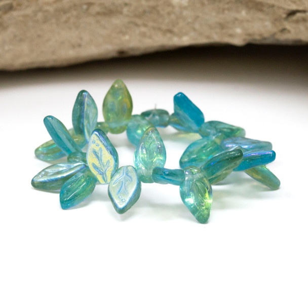Czech Glass 10x6mm Small Leaf Beads - Aqua Amber Mix Transparent with Aurora Borealis Finish