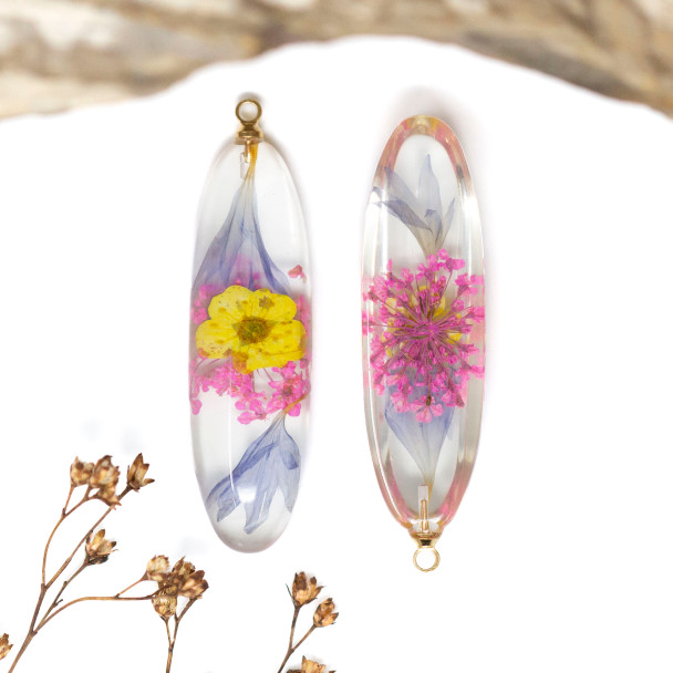 Dried Flowers Transparent Resin 43x12mm Oval Pendant
