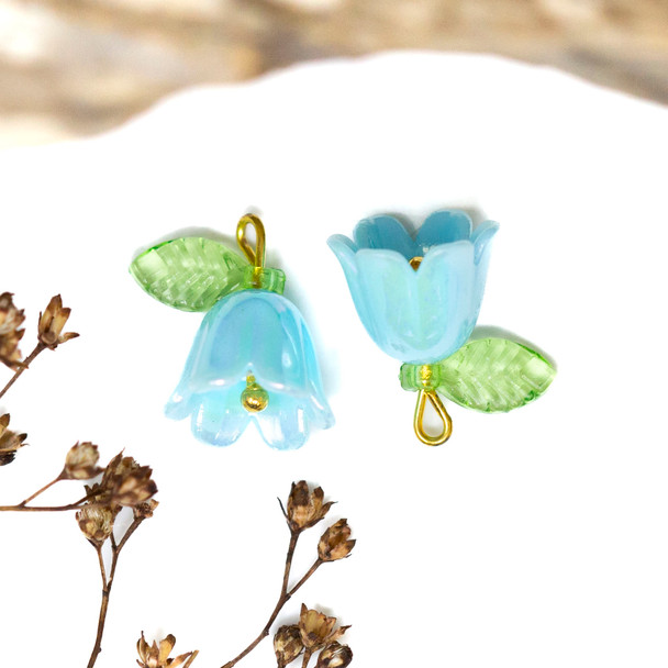 Bell Flower with Resin Leaf 14x10mm Aqua
