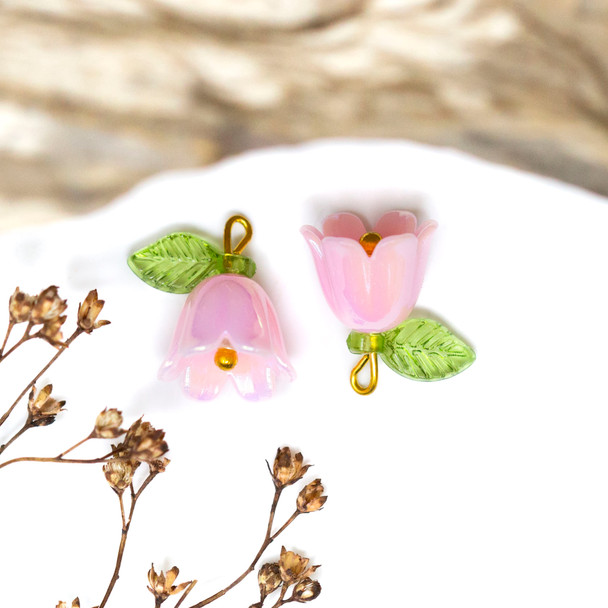 Bell Flower with Resin Leaf 14x10mm Pink