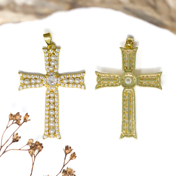 Gold Plated Micro Pave 36x25mm Pearl Cross Pendant