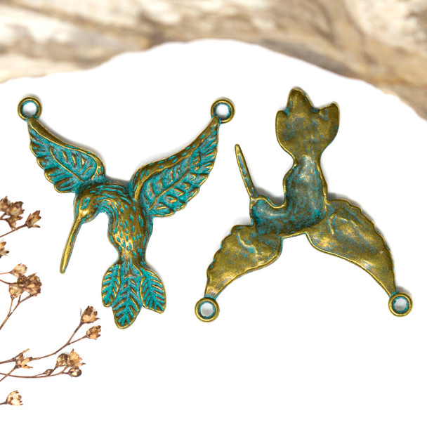 Patina Brass Plated Alloy 40x38mm Hummingbird 2 Hole Pendant