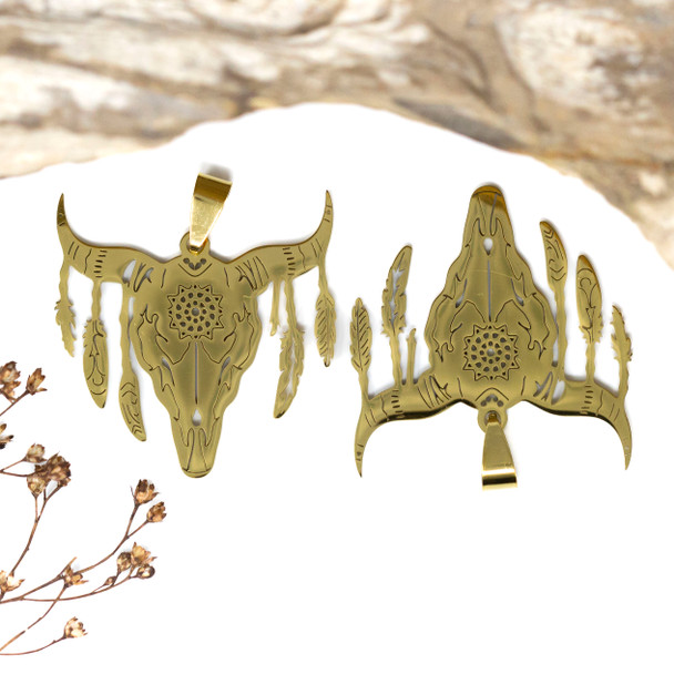 Gold Plated Stainless Steel 30x35mm Bull Skull with Feathers Pendant