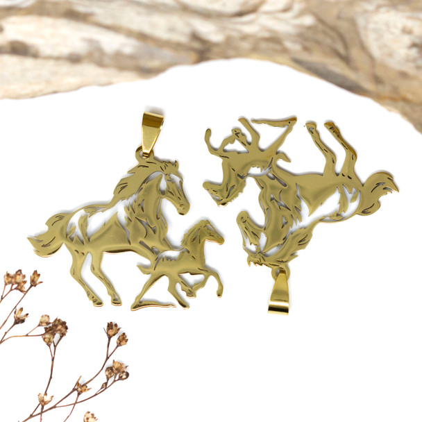 18kt Gold Plated Stainless Steel 36x43mm Horses Pendant