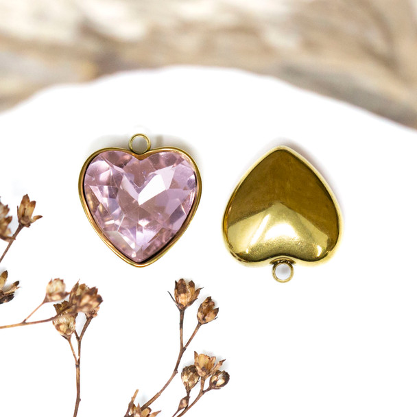Gold Plated 15x13mm Pink Heart Glass Rhinestone