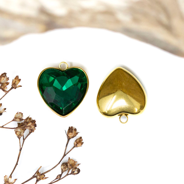 Gold Plated 15x13mm Emerald Heart Glass Rhinestone