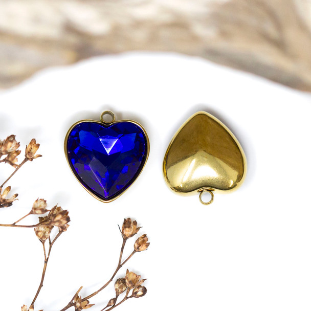 Gold Plated 15x13mm Royal Blue Heart Glass Rhinestone