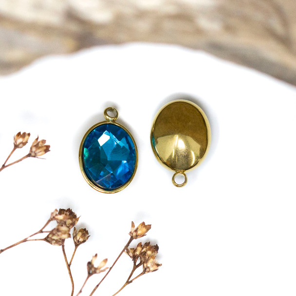 Gold Plated 9x13mm Blue Topaz Oval Glass Rhinestone