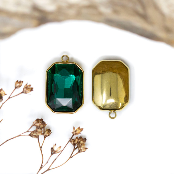Gold Plated 11x16mm Green Rectangle Glass Rhinestone