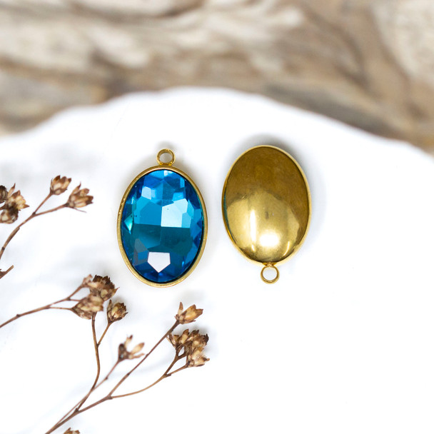 Gold Plated 11x17mm Blue Topaz Oval Glass Rhinestone