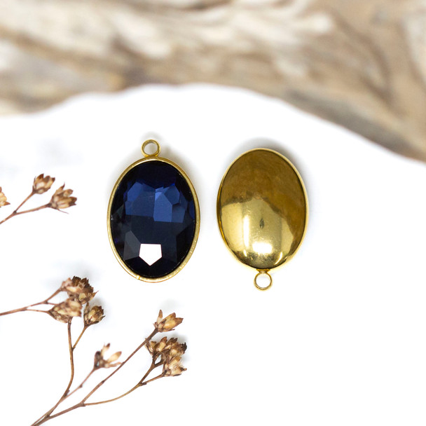 Gold Plated 11x17mm Sapphire Blue Oval Glass Rhinestone