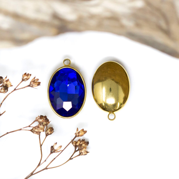 Gold Plated 11x17mm Royal Blue Oval Glass Rhinestone
