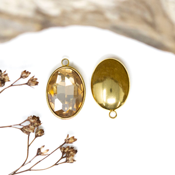 Gold Plated 11x17mm Topaz Oval Glass Rhinestone